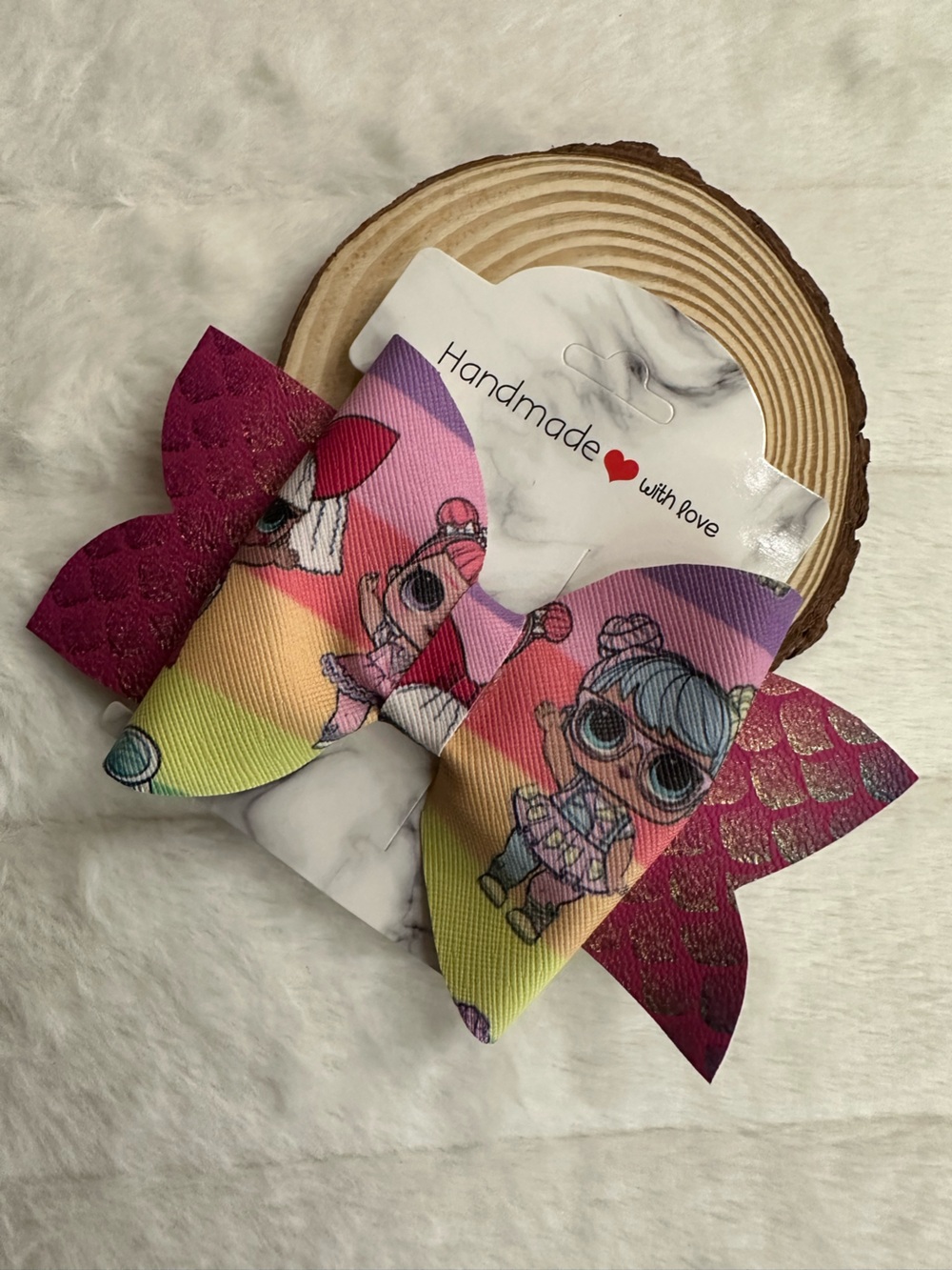 Handmade Kids Hair Bow - Pink Rainbow Character Print